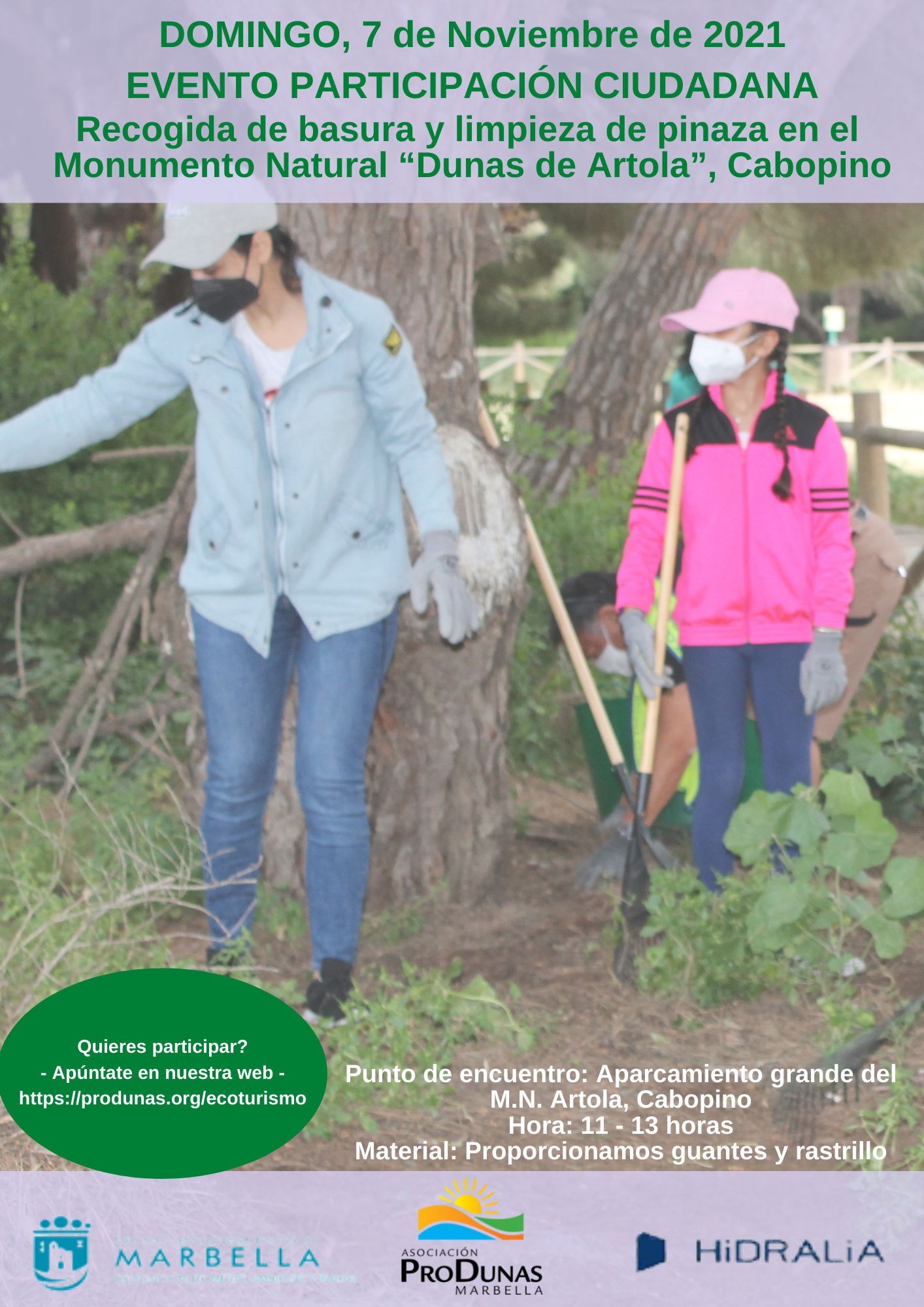 Cartel Recogida de basura y limpieza de pinaza en las Dunas de Artola